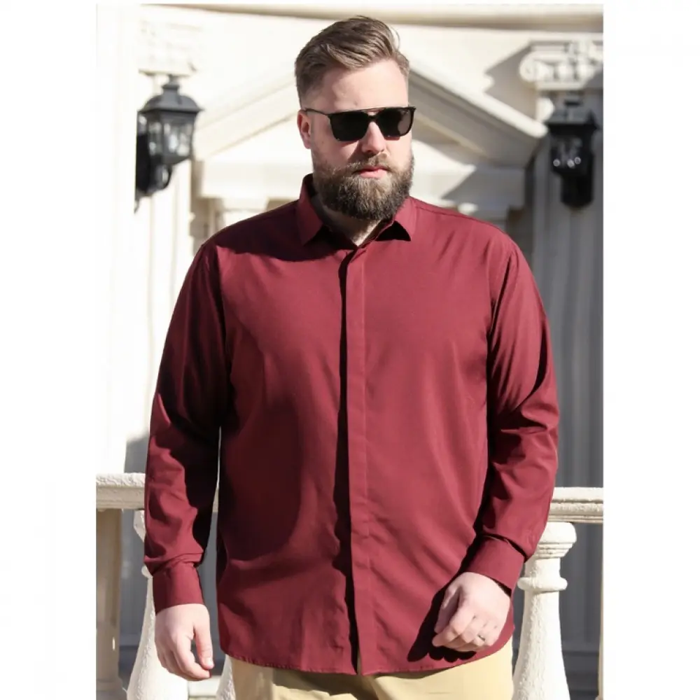 Men's Plus Size Black Long Sleeve Shirt with Hidden Buttons Oversized Office Wear for Big and Tall Men