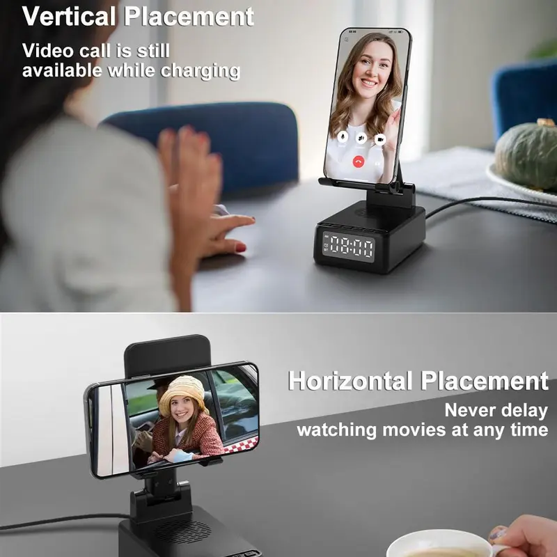 4 in 1 Phone Holder Support Wireless Charging, Multifunctional Wireless Charger with Alarm Clock, Adjustable Phone Stand for Home Office 4