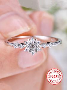 S925 Sterling Silver Snowflake Design Ring, Rhinestone Decor Engagement Ring, Fashion Accessories for Women & Girls, Trendy All-match & Exquisite Jewelry for Birthday Gift, with Box