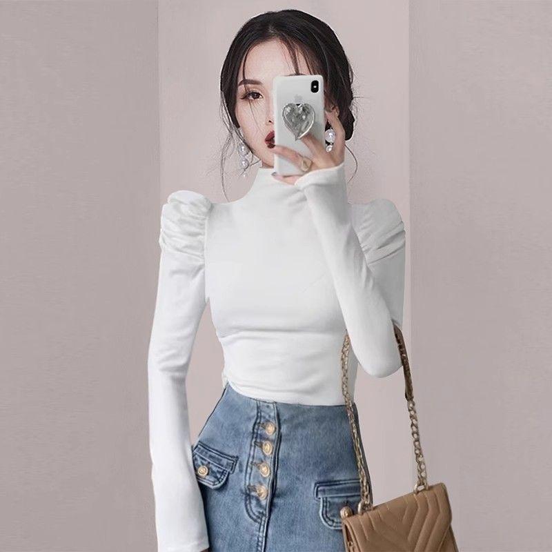 Áo Thun Dài Tay Bong Bóng, Phong Cách Pháp, Cổ Lọ, Màu Trơn Mỏng Vừa Vặn, Áo Mặc Trong Co Giãn 1