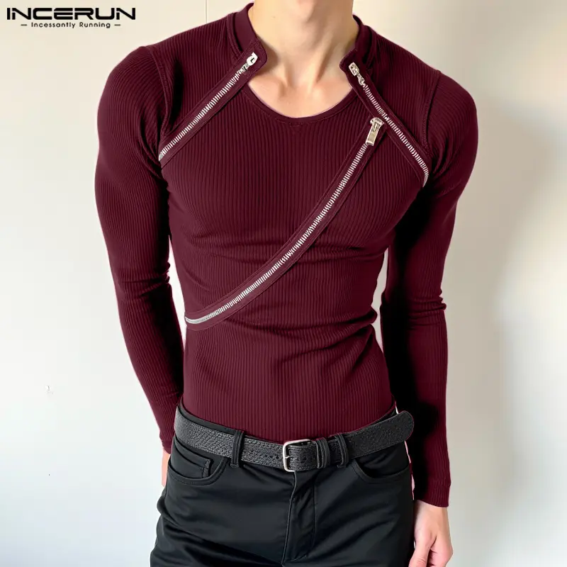 Áo Thun Họa Tiết Thiết Kế Khóa Kéo Deconstructed Cho Nam, INCERUN, Phong Cách Thường Ngày Đi Bộ Thành Phố, Áo Cánh Dài Tay, Phong Cách Hàn Quốc 0