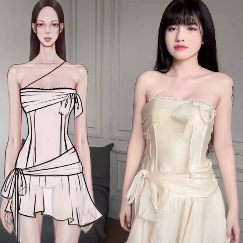 Đầm Cúp Ngực Gọng Corset Thắt Dây Nơ Viền Ren Ngực,Đầm Váy Đi Date, Hẹn Hò , Đầm Váy Phong Cách Hàn Quốc KC1572