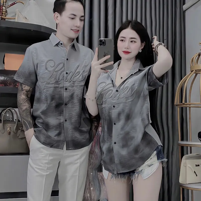 Áo Sơ Mi Nam Nữ [CAO CẤP] Ngắn Tay Vải Đũi Dày Đẹp - In Chữ Nổi “LODES” X2 Màu Xám + Đen Chuẩn Form  [NMEN STORE] Menswear Jean Shirt Có Cổ
