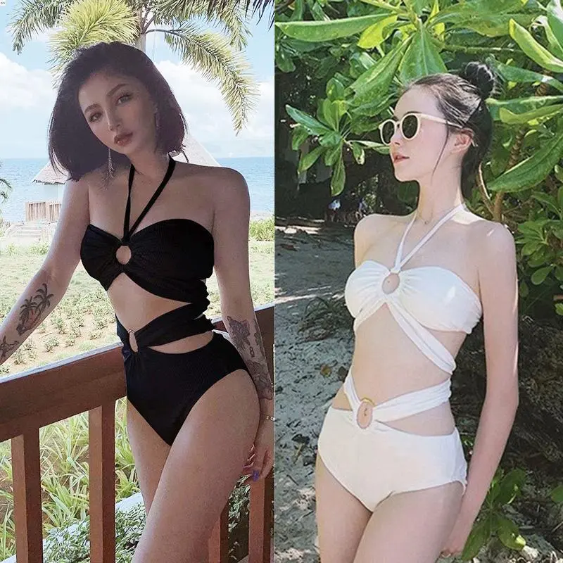 Women's Beach Bikini Swimwear Suit.Women's 2 Piece Swimsuit Fashion Metal Ring Front Halter Bikini Set Summer Two Piece Bathing Suit