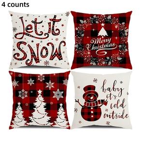 Christmas Themed Cushion Cover, 4 Counts/set Square Throw Pillow Cover, Decoration Supplies for Home Living Room Bedroom Room Decor