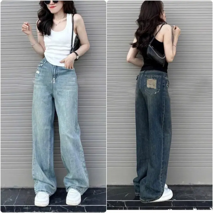 Quần jeans xuông nữ ống rộng rách túi sau hai màu đậm nhạt thích hợp với nấm lùn Pants | BigBuy360 - bigbuy360.vn Quần jeans xuông nữ ống rộng rách túi sau hai màu đậm nhạt thích hợp với nấm lùn Pants | BigBuy360 - bigbuy360.vn