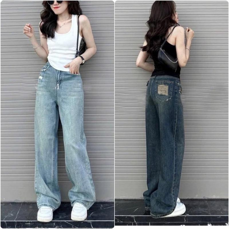 Quần jeans xuông nữ ống rộng rách túi sau hai màu đậm nhạt thích hợp với nấm lùn Pants