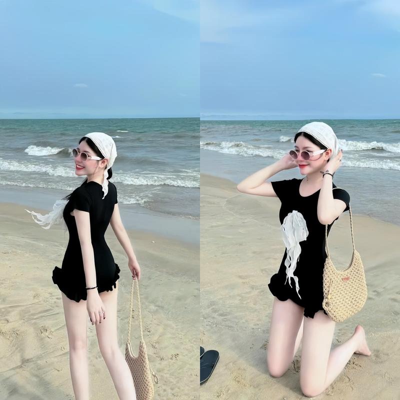 Set Jumpsuit Đi Biển Cổ Tròn Tay Ngắn Cài Nơ Trước Dáng Ngắn Xinh Xắn Dành Cho Các Nàng Diện Đi Biển. Nhung Nữ Voi