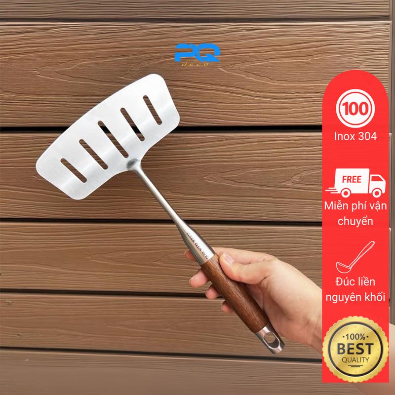 Xẻng lật rán cá vogue ella inox 304 sạn muôi phẳng vá lỗ chiên xào bộ dụng cụ nấu ăn tay cầm gỗ cách nhiệt