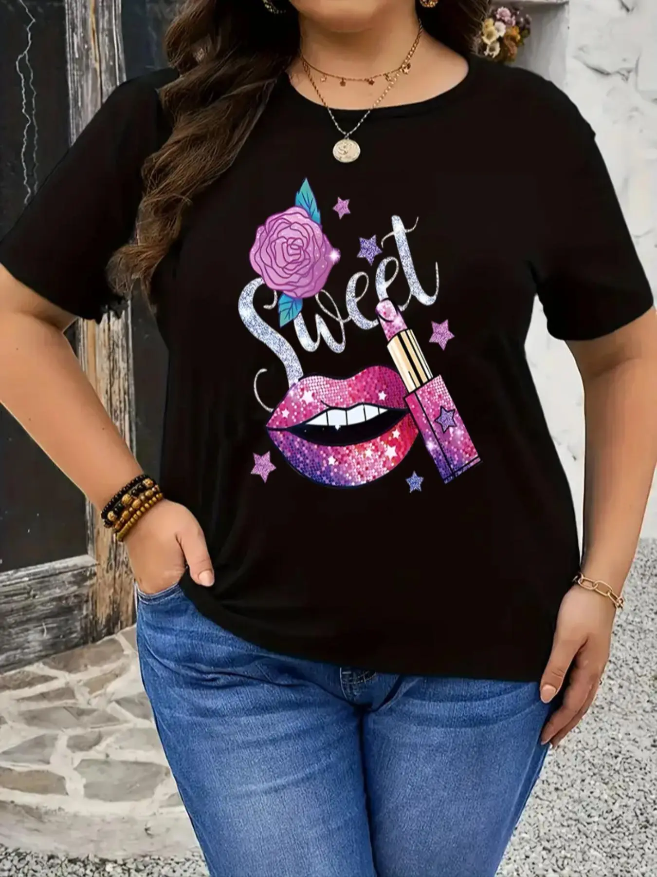 Women's Lip & Rose Print Round Neck Tee, Fashion Casual Crew Neck T-shirt for Daily Holiday Vacation Outdoor Wear, Ladies Clothes for Summer, Tops