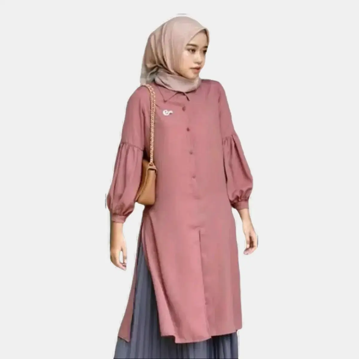 Tunik Shakila Wanita Tangan Balon Panjang Polos Terbaru Cantik Long Dress Kekinian Muslim Twill Atasan Kancing