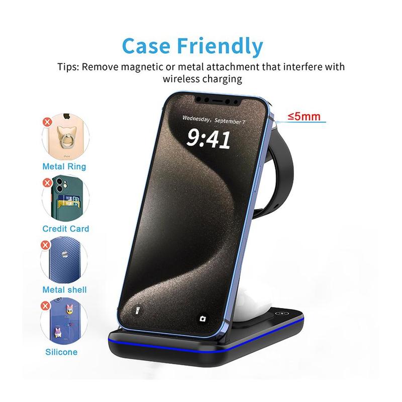Product Introduction of 3 in 1 Wireless Charging Station, Portable Chargers with LED Light, 15W Fast Desk Charging Station, Wireless Charger Compatible with iPhone 16/15/14/13/12/11 Pro Max/X/XS Max/8/8 Plus, Smartphone Electronic Accessories 6