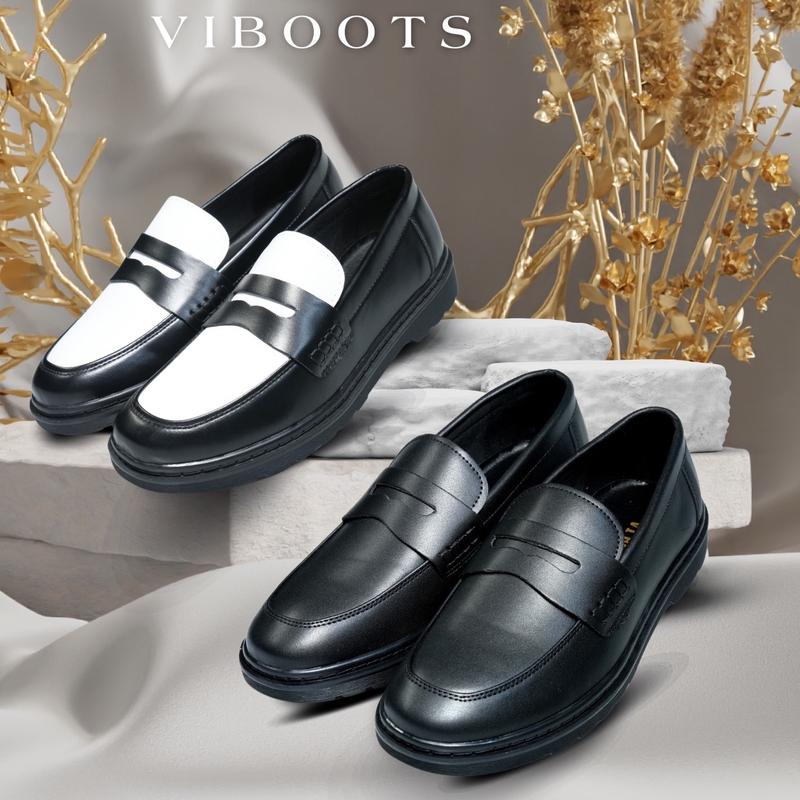 Giày Penny Loafer Black White Giày Chụp Ảnh Kỷ Yếu Da PU Kiểu Dáng Công Sở, Giày Sơn Tùng Mũi Tròn Đen Trơn Tăng chiều Cao