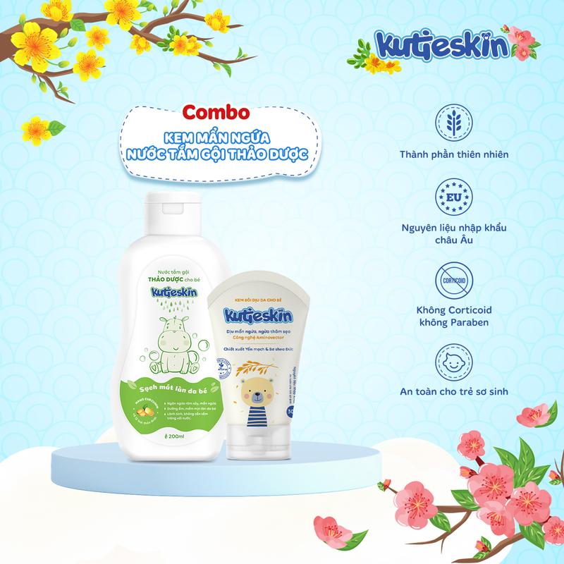 Combo Hăm - Rôm Sảy - Mẩn Ngứa cho bé Kutieskin (Nước tắm gội thảo dược cho bé và kem bôi dịu da) - STK01+KKD01