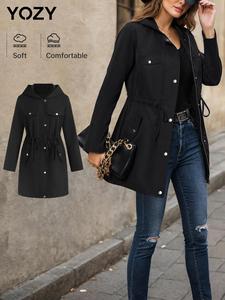 YOZY Women's Solid Button Front Drawstring Hooded Coat, Casual Long Sleeve Zipper Pocket Outwear for Spring & Fall, Women's Clothing for Daily Wear