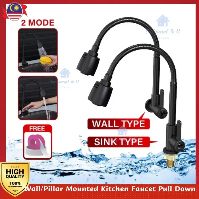 304 Double Faucet Kitchen Sink Flexible Wall Tap SUS304 Stainless Steel Tap Sink Faucet Sinki Paip ABS Handle Sinki Paip
