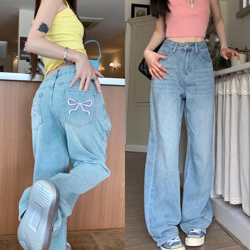 Quần Jean Suông Ống Rộng Màu Xanh Nhạt Mài Thời Trang BigSize Thêu Nơ Hồng Túi Sau Denim 0115 Nữ Pants Baggy Women Ong quần jean hoa Quần Jean Ống Rộng Wash Màu Quần Bò Ống Rộng quần jean nơ hồng quần jean