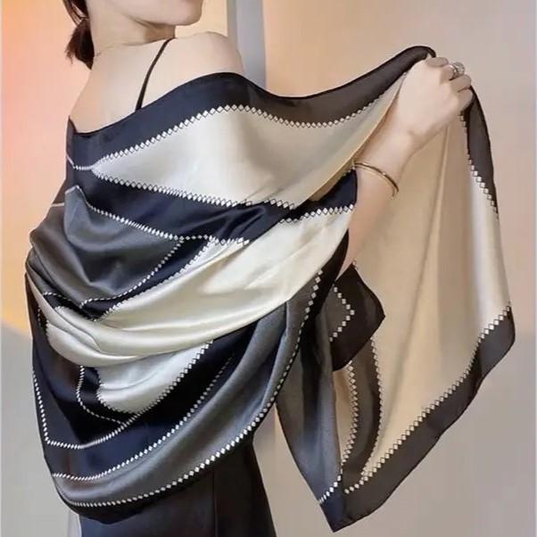 Khăn Choàng Lụa Kẻ Đen Trắng Sang Chảnh 90x180cm - Phụ Kiện Thời Trang Dành Cho Nữ - Women, Quàng Cổ Voan Voi Choàng Cổ khăn  quang khăn  luachoangvai