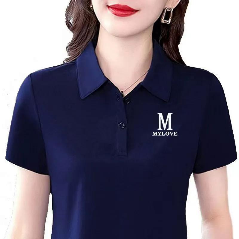 Product Introduction of Short sleeved women's collar sports polo shirt Mom's belly covering age reducing shirt casual loose T-shirt 14