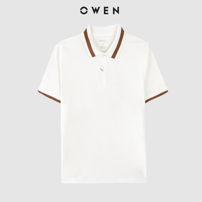 OWEN - Áo Polo nam Owen 231389  màu TRẮNG NGÀ KẺ CAM ĐẤT chất CVC Spandex đi phố sang trọng
