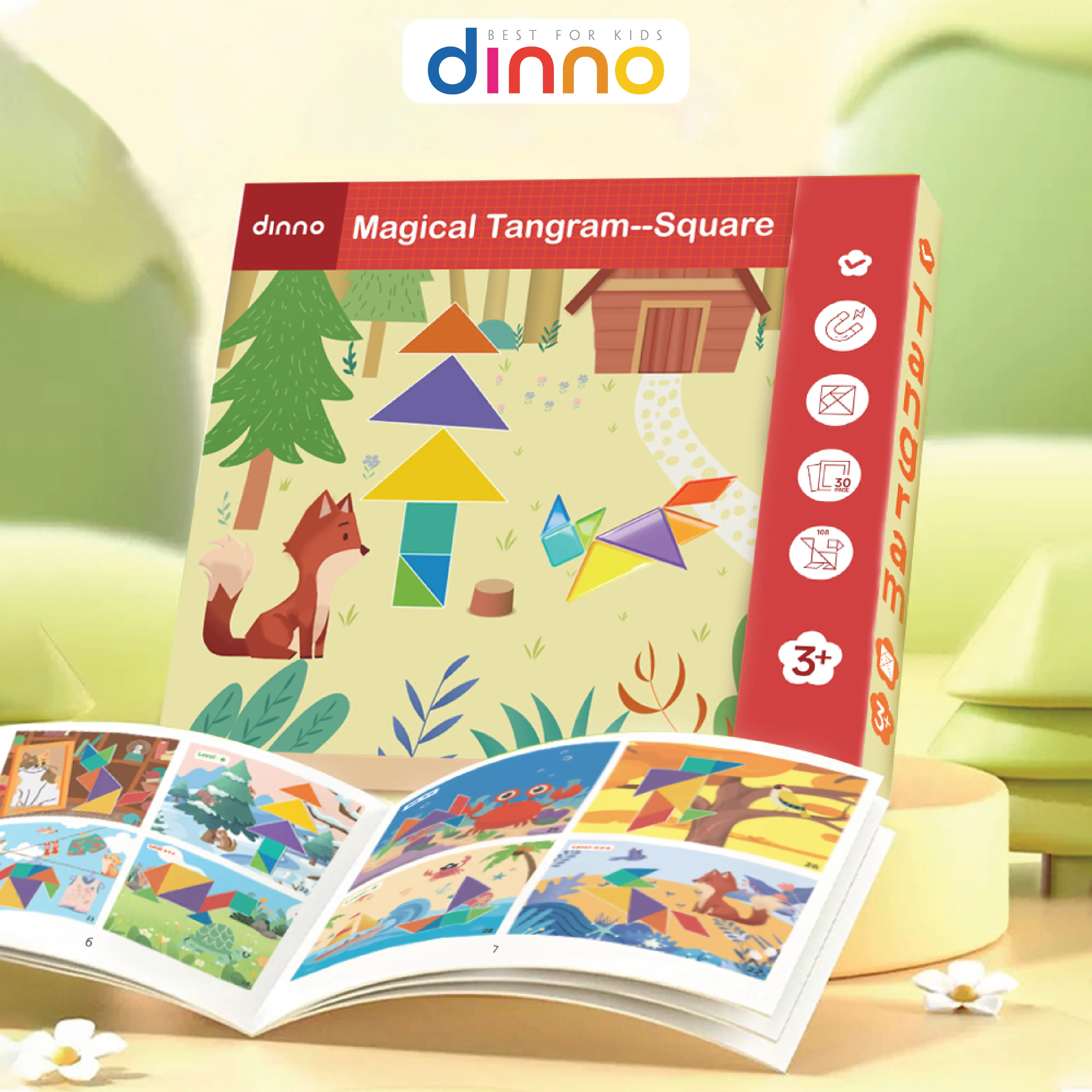 Bộ Ghép Hình nam châm Tangram Dinno 7 miếng ghép, đồ chơi nam châm Tangram rèn luyện tư duy hình học cho mẫu giáo, tiểu học, kích thước 25*20 cm, 30 thẻ câu đố