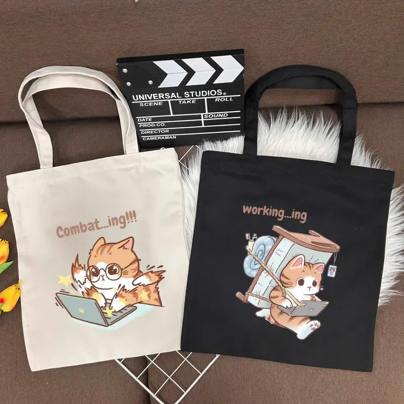 Túi tote nữ in hình mèo cute - Túi vải canvas có khoá kéo và túi phụ đi học, đi chơi - TOTE11 - Bag Chữ Nhật Đeo Vai 0