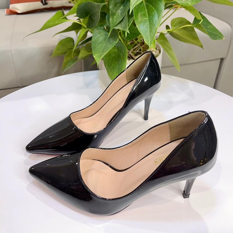 Màu Đen, Cao 7cm - Giày Cao Gót Da Bóng Đế Đỏ