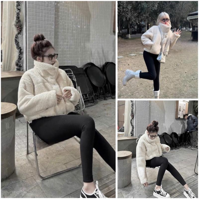 Áo Khoác Lông Cừu KHoá Kéo Dài Tay Mùa Đông Trẻ Trung Nữ Top