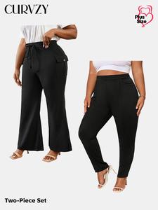 CURVZY Plus Size Flare Leg Pants & High Waist Pocket Pants Set, Women's Plus Bottoms for Daily Wear