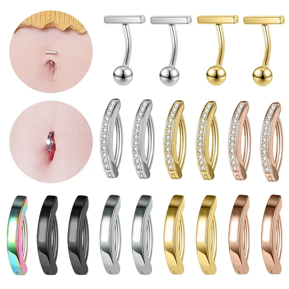 1 PC 14G Stainless Steel T Shape Belly Navel Rings Crystal Belly Button Piercings Minimalist Reverse Curved Navel Barbell