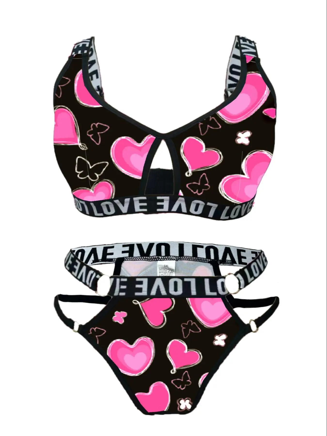 【Plus Size】 Two-Piece Set Heart Print Letter Tape Cut Out Bra & O-ring Detail Panty, Casual Adjustable Strap Wireless Bra & Panty Set, Women's Lingerie Set for All Seasons