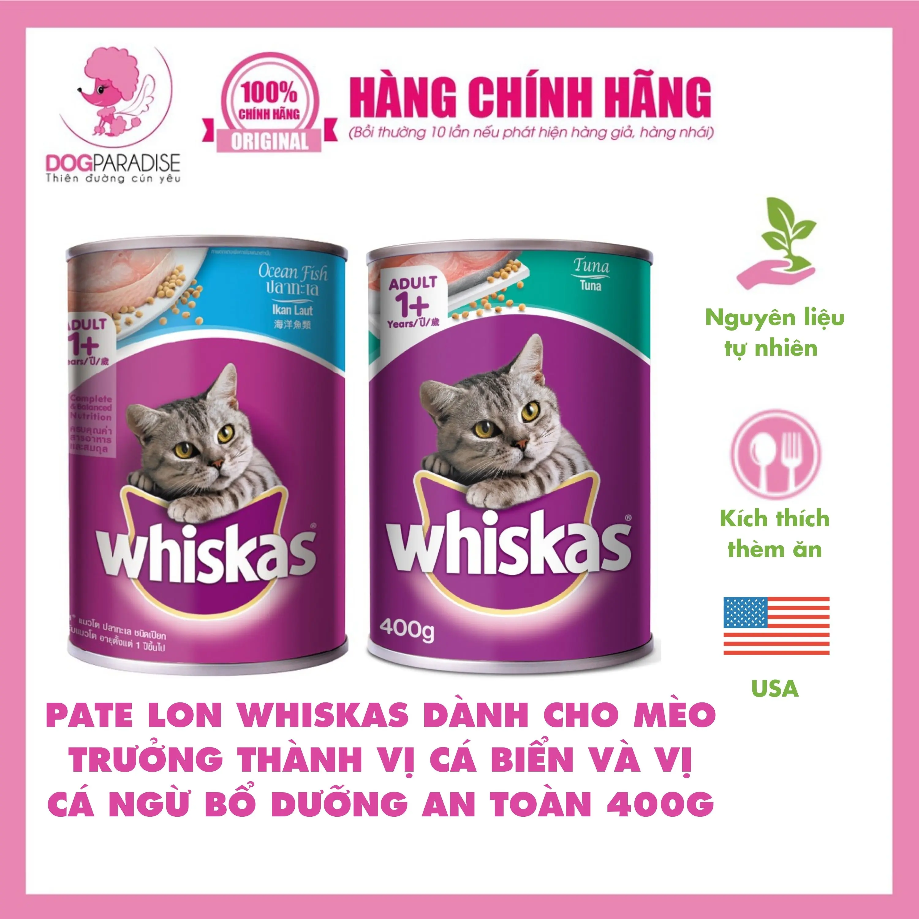 Pate lon WHISKAS dành cho mèo trưởng thành vị cá biển và vị cá ngừ bổ dưỡng an toàn 400g