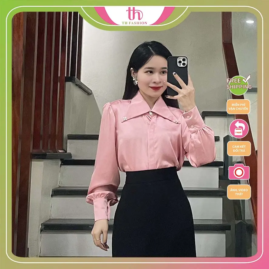 Áo Sơ mi lụa Hàn khuy ngọc cổ bẻ thanh lịch sang trọng tiểu thư Nữ Women