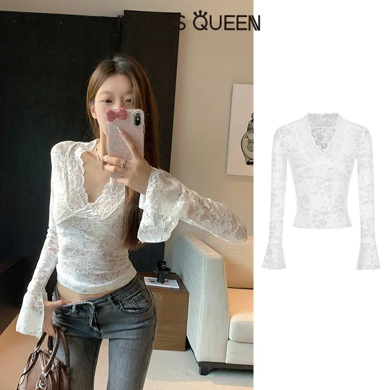 Áo Sơ Mi Ren Cổ Chữ V, Thiết Kế Đẹp, Gợi Cảm Và Dễ Thương, Thiết Kế Thon Gọn Eo, Áo Dễ Phối Đồ Độc Đáo, MosesQueen, 62305 #