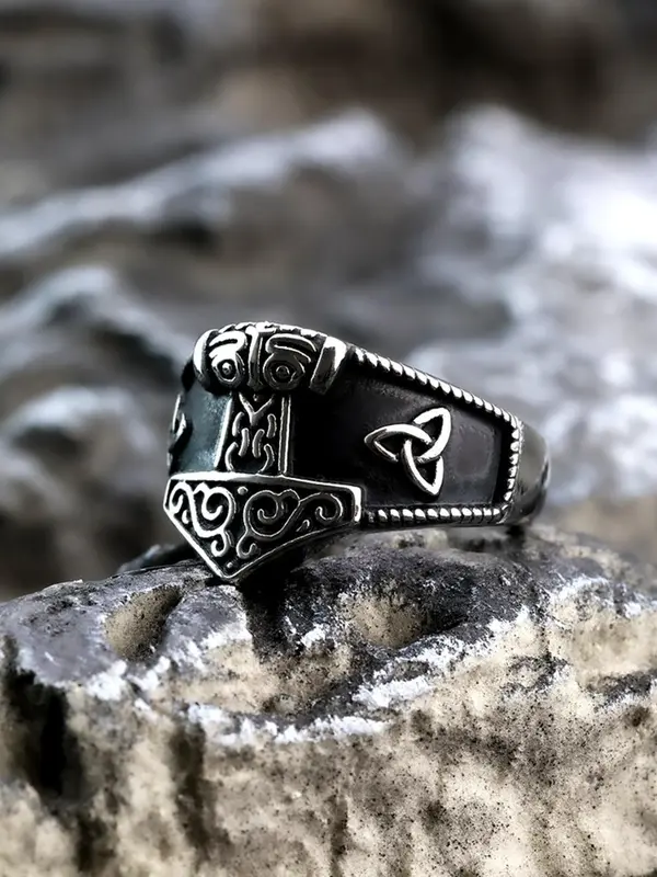 Vintage Wolf Head Design Hammer Ring, Stainless Steel Jewelry for Party, Daily Clothing Decor, Trendy All-match & Exquisite Jewelry for Birthday Gift 6