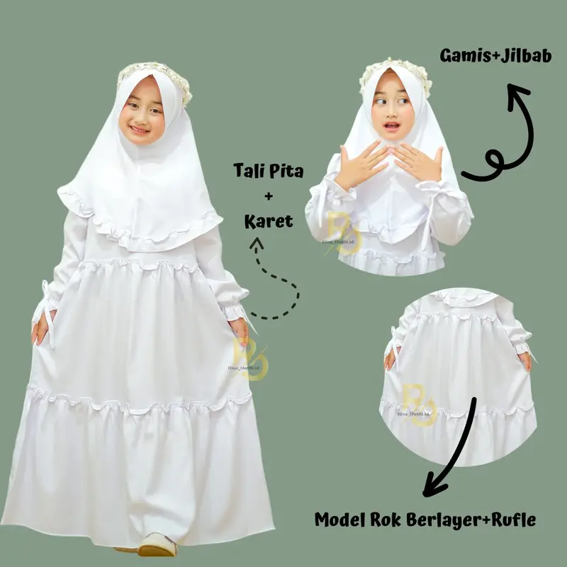 Hana Gamis Anak Perempuan Set Hijab / Gamis Putih Anak Manasik Haji / Baju Lebaran 2024 Anak Cewek 0