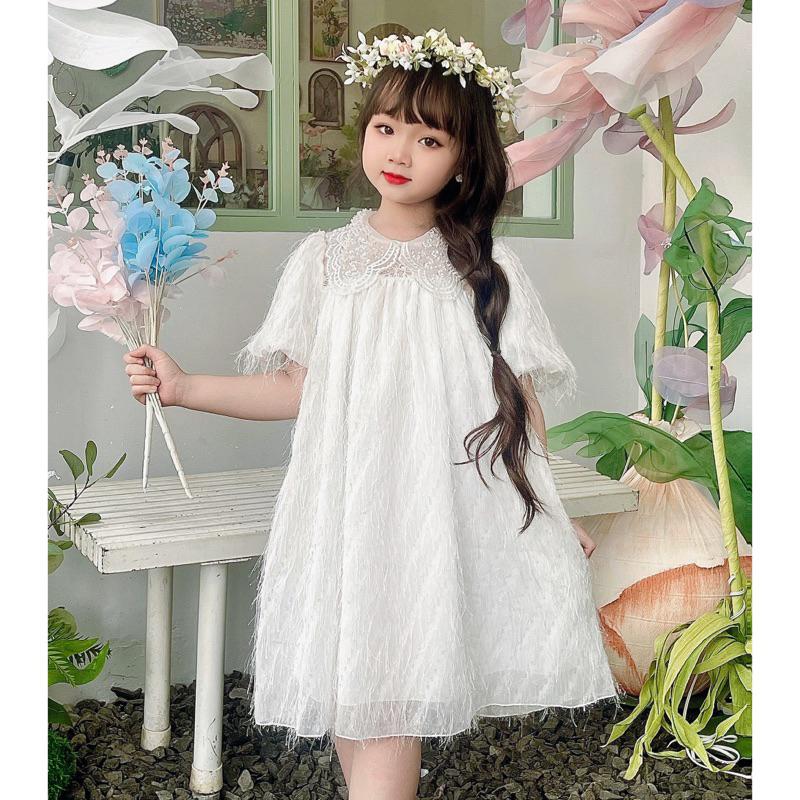Váy Bé Gái Tơ Lông Trắng Lấp Lánh, Thiết Kế Tay Bồng, Cổ Kim Tuyến Cho Bé