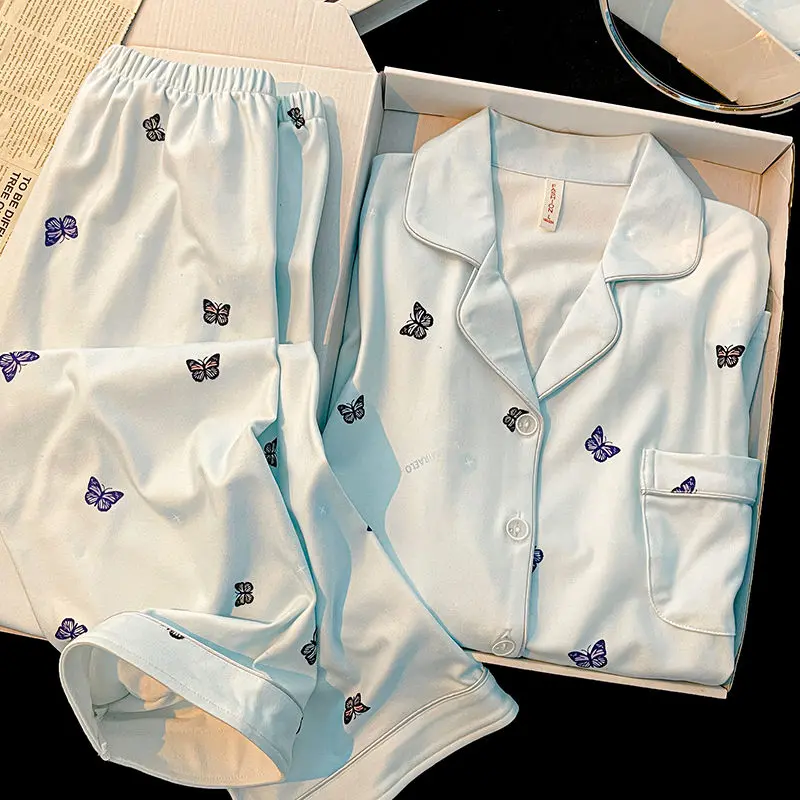Bộ Đồ Ngủ Lụa Lạnh Cao Cấp In Hình Bướm, Dành Cho Nữ, Mùa Xuân Và Mùa Thu, Dài Tay, Mỏng, Ngọt Ngào Và Dễ Thương, Đồ Mặc Ở Nhà Bộ Hai Mảnh, 2024 Áo