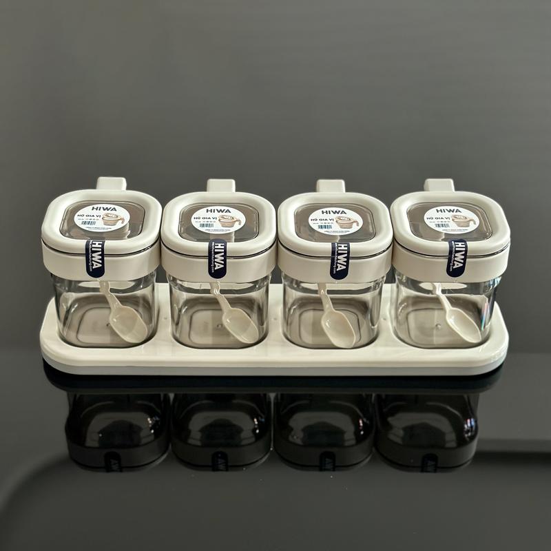 Bộ hũ đựng gia vị trong suốt nắp bật có muỗng múc khay đựng set 3 hũ và 4 hũ