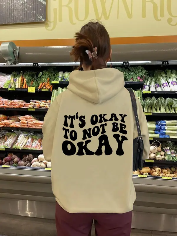 【Plus Size】 Letter & Geometric Print Hoodie, Casual It's Not Okay To Not Be Okay Print Hooded Sweatshirt for Fall & Winter, Women's Clothing for Daily Wear 6