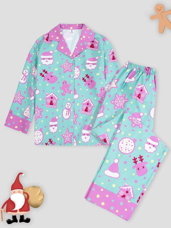 Women's All Over Cartoon Print Loungewear Set, Fashion Lapel Collar Button Front Blouse & Elastic Waist PJ Pants, Women's Sleepwear for Fall, Valentine's Day Gift for Girl 3