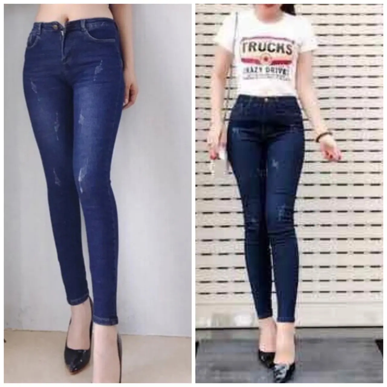 Quần jeans  QUẦN BÒ nữ co giãn lưng cao cào xước nhẹ ống bó