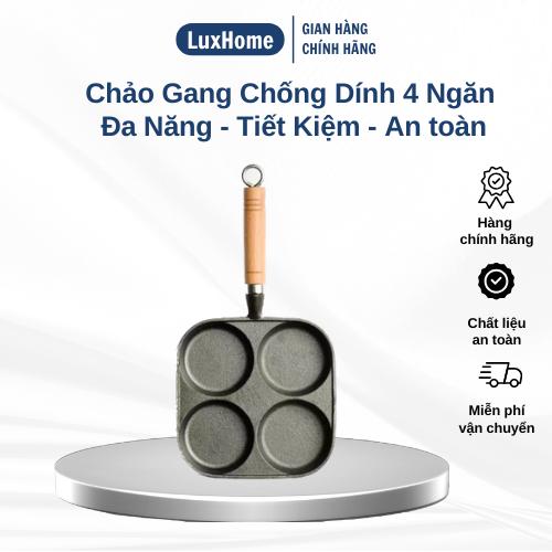 Chảo 4 Ngăn Chống Dính Rán Trứng, Chảo Làm Bánh 4 Ngăn Tay Cầm Gỗ, Dễ Vệ Sinh