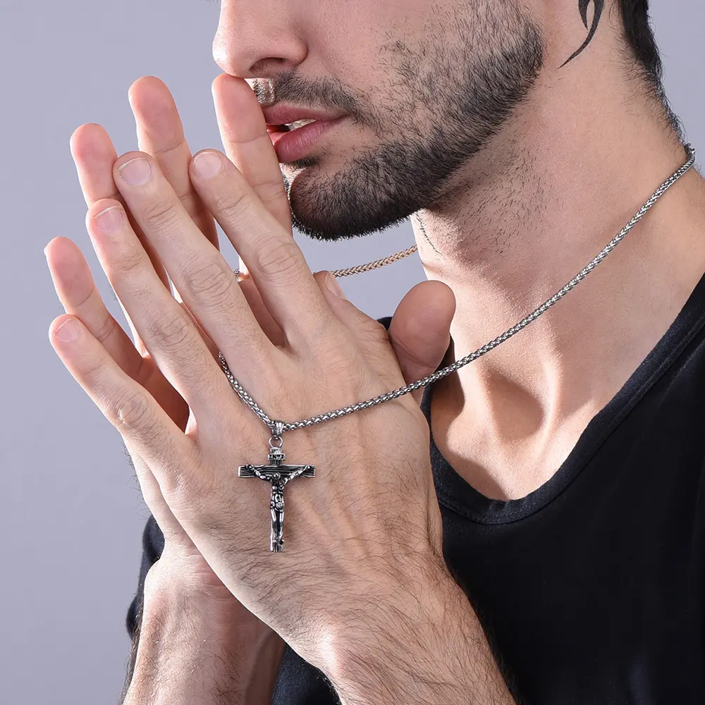 FaithHeart Catholic Cross Crucifix Necklace Jesus Pendant Stainless Steel