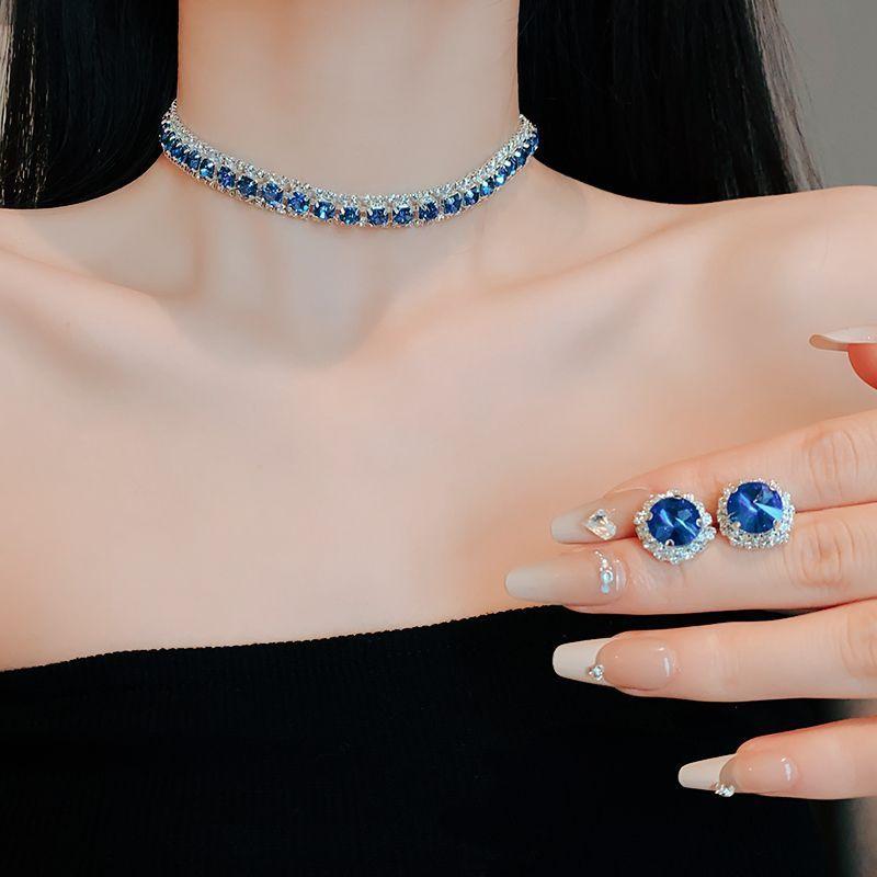 Blue Diamond Necklace Earrings Light Luxury Choker Necklace Clavicle Chain Women's High-Grade Dress Wedding Dinner Accessories 8