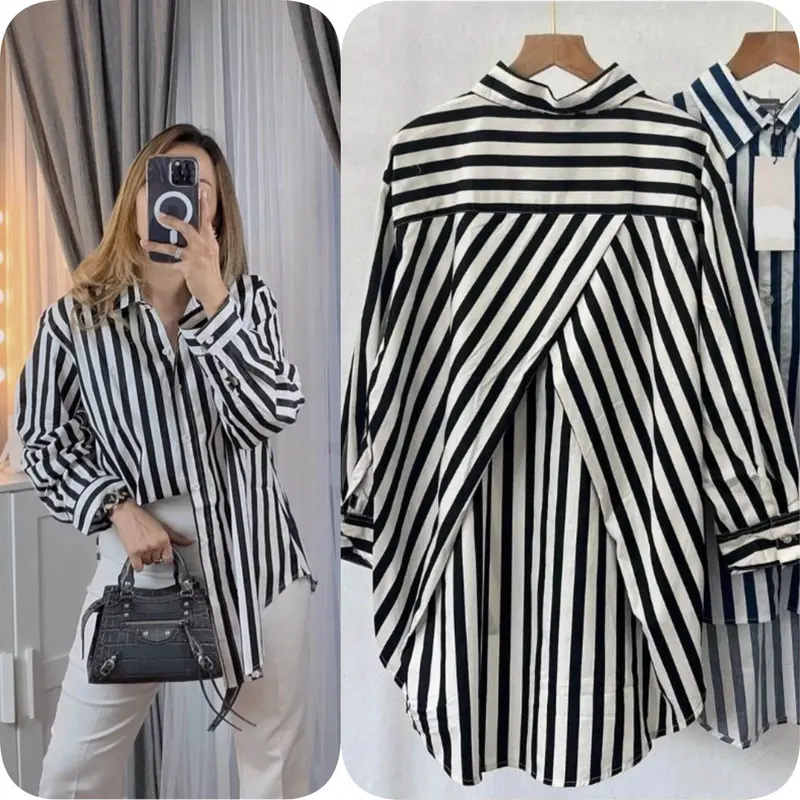 Kemeja Wanita Stripe Shirt Salur Silang Belakang Bahan Katun Rayon 0