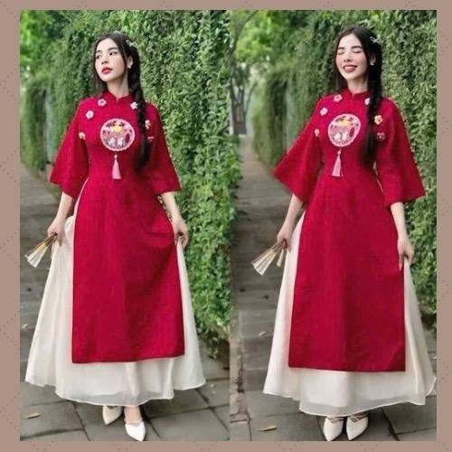 ￼[ĐỦSIZE 38-72kg] Set Áo Dài Đỏ Tết Đính Hoa Nổi Phối Chân Váy Kem