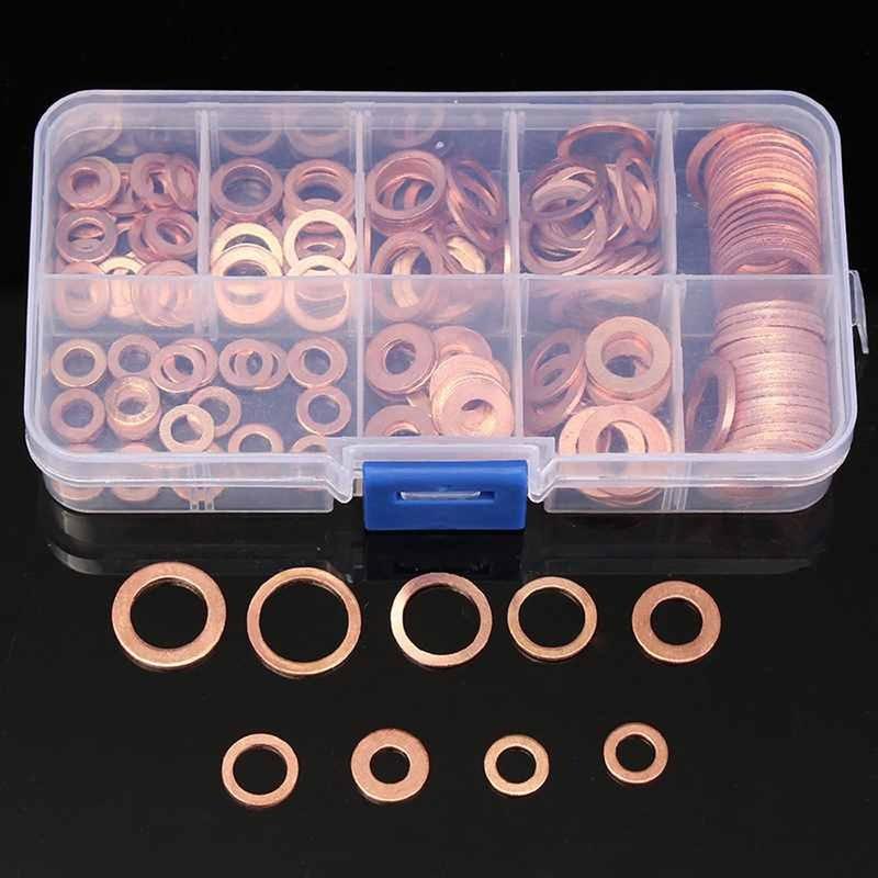 200pcs Copper Washer Gasket Nut and Bolt Set Flat Ring Seal Assortment Kit with box M5-M14 Electrical Woodworking Washers Sets 2