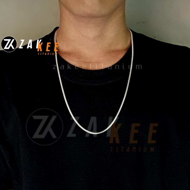 Kalung Titanium Pria Wanita Anti Karat Silver Belut Gepeng Pipih Silver Aksesoris Cowok Cewek Stainless 0