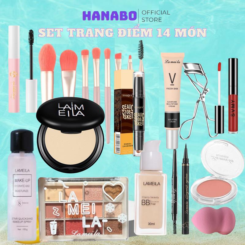 Bộ trang điểm đầy đủ setmakeup 14 món mỹ phẩm cơ bản đầy đủ nội nội địa Trung chính hãng giá rẻ, cao cấp cho nữ gồm kem lót, Che Khuyết Điểm Hanabo Cosmetic Women bot  rang diem tai nha 13 món